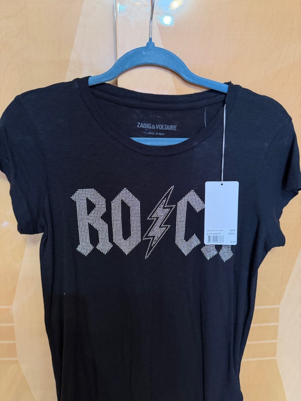 Zadig & Voltaire Black Tee with Silver Studded 'ROCK' Lightning Design